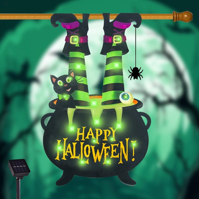 FLAGMESAGE Halloween Lighted Garden Flag for Outside, Witch Feet Shape Flag Yard Decor, 8 Modes Double Sided Cauldron Eyeball Black Cat Outdoor Hlloween Decorations for Home Porch (Green-28x40) - Image 1